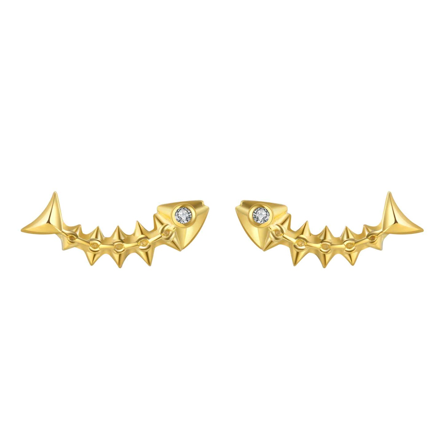 Pendientes pequeños de piercing con forma de raspa de pescado. Son hipoalergénicos o anti alergia porque están confeccionados en plata de ley con baño de oro 18 kilates. Gold plated sterling silver small fish bone piercing earrings.