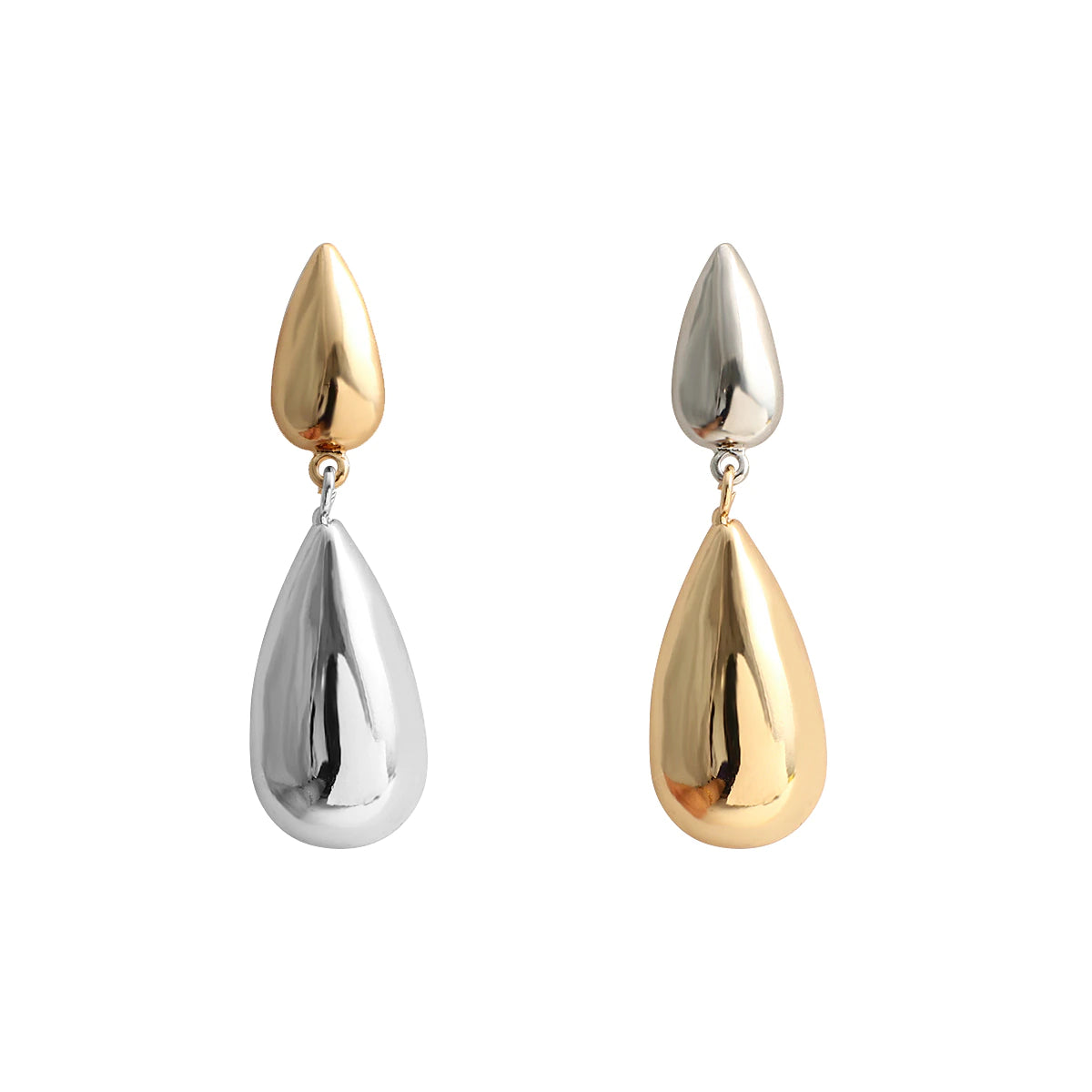Pendientes largos y grandes de fiesta con forma de gota de agua enddorado y plateado. Ideales para invitada a boda de dia o de noche.