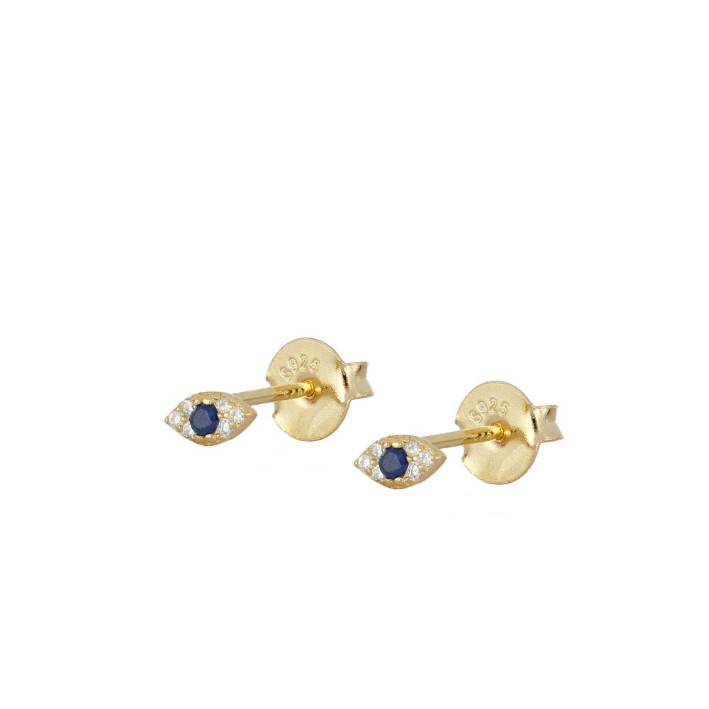 Mini pendientes pequeños de piercing con ojo de circonita confeccionados en plata de ley con baño de oro 18 kilates. gold plated silver evil eye zircon earrings for piercing