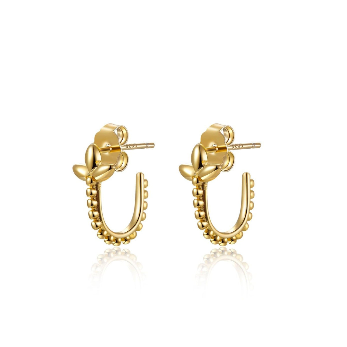 pendientes de medio aro abierto con flor de lis y bolitas confeccionados en plata de ley con baño de oro 18 kilates. Gold plated sterling silver open hoop earrings