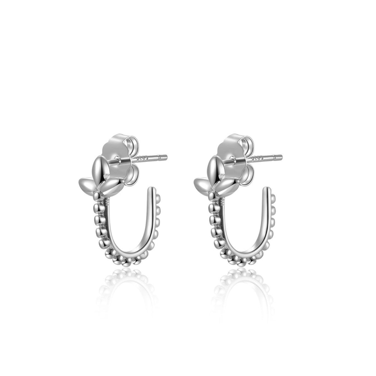 pendientes de medio aro abierto con flor de lis y bolitas confeccionados en plata de ley con baño de oro 18 kilates. Gold plated sterling silver open hoop earrings