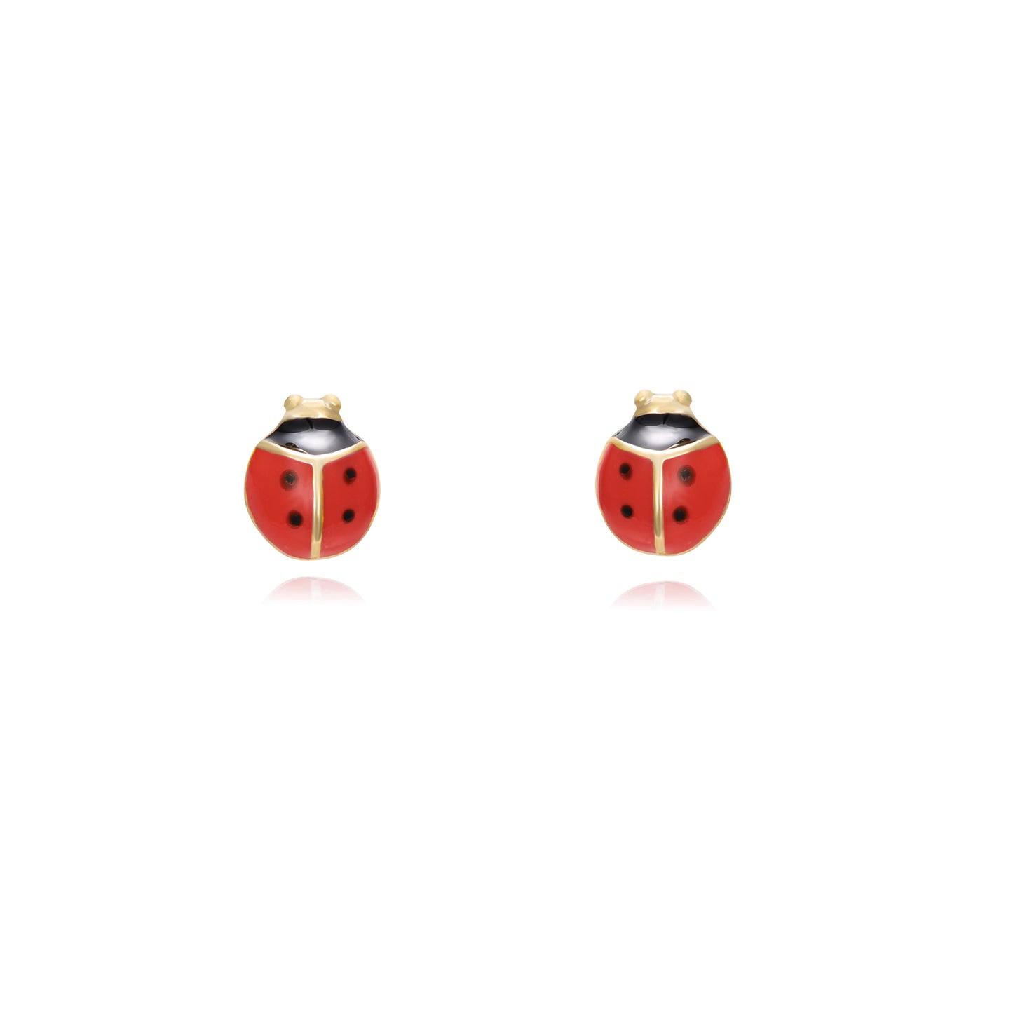 Mini pendientes de mariquita rojo y negro para piercing. Están confeccionados en plata de ley con baño de oro 18 kilates y enamel. Son hipoalergénicos o anti alergia. Gold plated sterling silver red and black lady bug piercing earring studs.