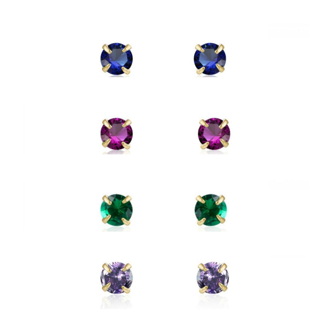 pequeños pendientes mini de brillantes con colores rosa fucsia azul verde y morado para piercing confeccionados en plata de ley con baño de oro 18 kilates. Gold plated sterling silver multi color blue green purple pink tiny small earrings for piercing