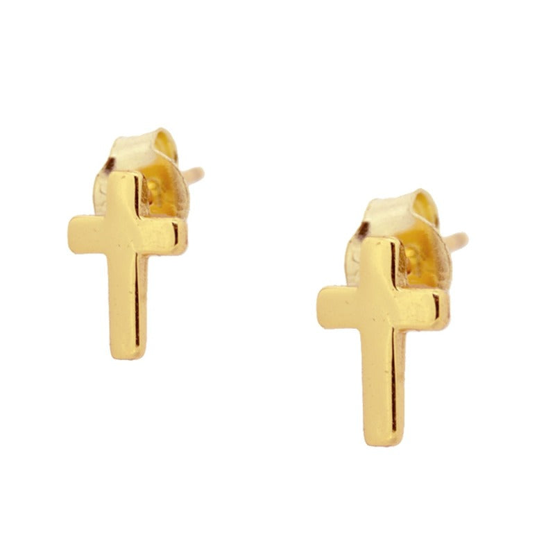 mini pendientes de piercing en forma de cruz confeccionados en plata de ley 925 rodiada y baño de oro 18 kilates. Se venden sueltos o por unidad.