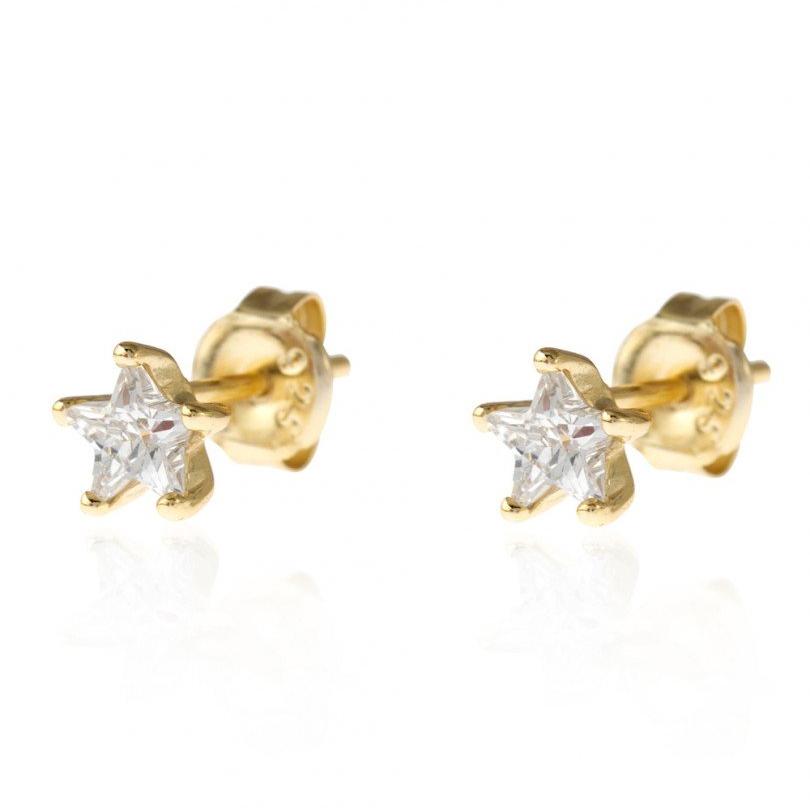 pendientes mini de estrella pequeña con circonitas para piercing o para niña confeccionados en plata de ley con baño de oro 18 kilates
