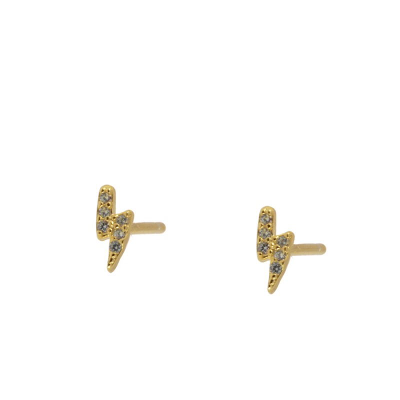 Pendientes mini o pequeños de rayo para niña o piercing de mujer confeccinados en plata de ley y baño de oro 18 kilates. Gold plated sterling silver zircon thunder earrings for piercing.