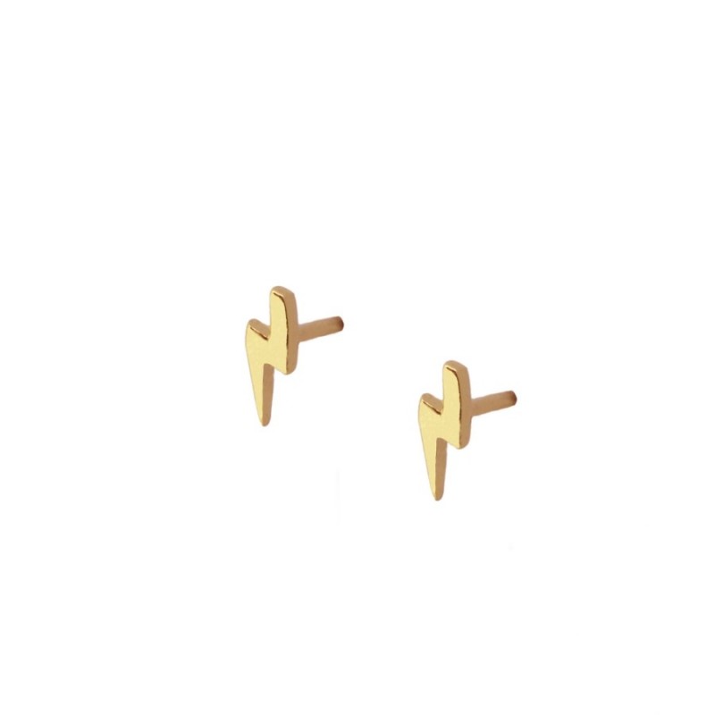 Pendientes mini o pequeños de rayo para niña o piercing de mujer confeccinados en plata de ley y baño de oro 18 kilates. Gold plated sterling silver small lightning piercing earrings.