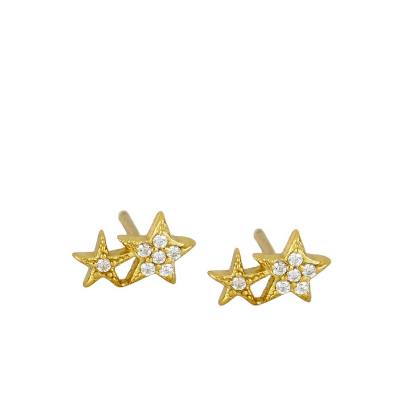 mini pendientes pequeños para piercing de doble estrella con circonitas confeccionados en plata de ley 925 con baño de oro 18 kilates y se venden sueltos o por unidad