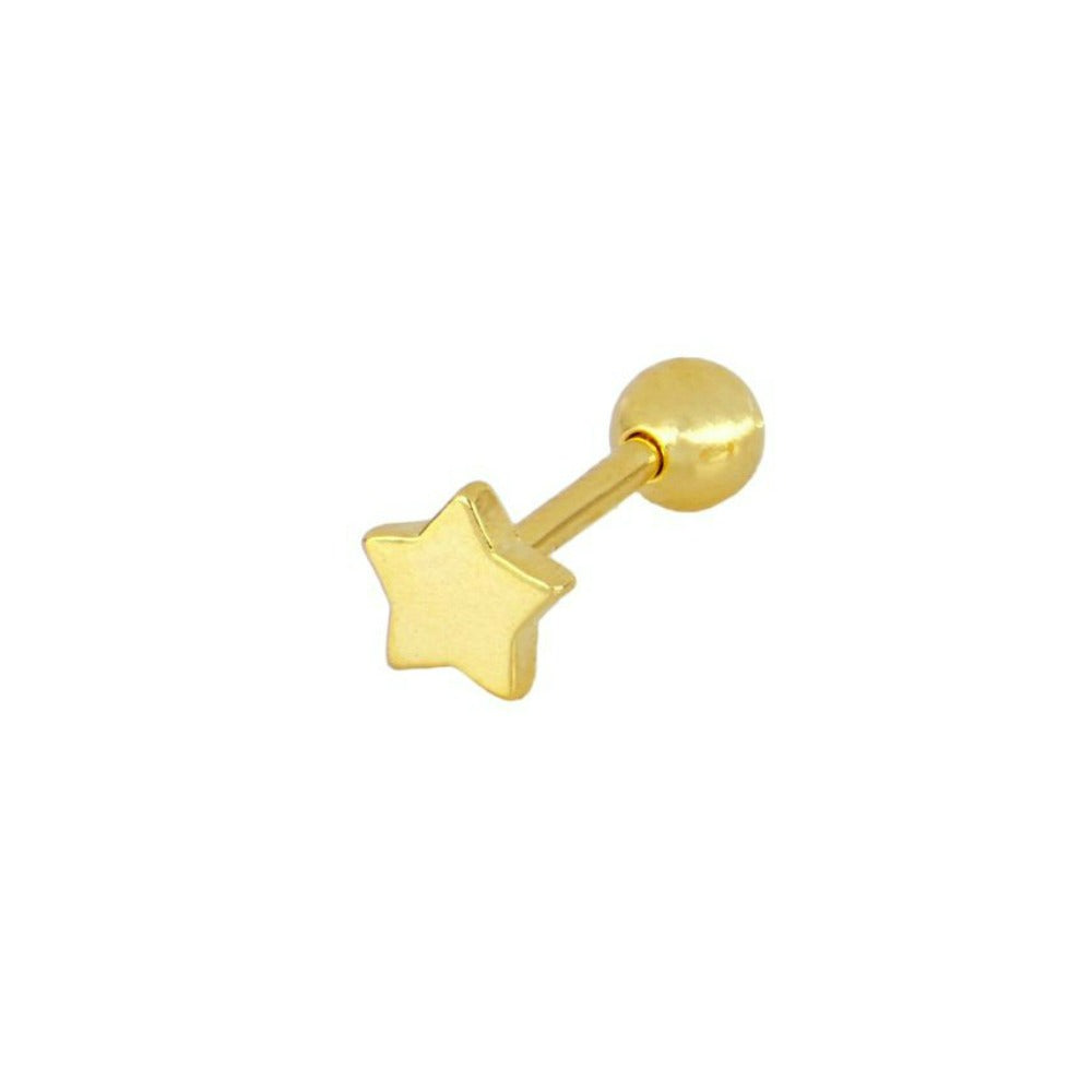 piercing de estrella anti alergia con cierre de bola trasera para cartílago como helix, tragus, daith, conch o rook. Está confeccionado en plata de ley con baño de oro 18 kilates. Gold plated sterling silver star cartilage piercing