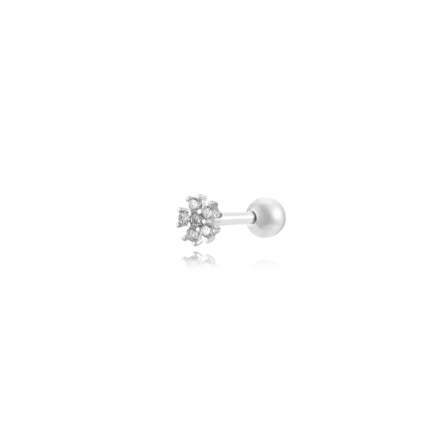 pendiente piercing de flor en acero inoxidable e hipoalergénico bañado en oro 18 kilates. Cierre de bolita. Perfecto para cartílago como helix, tragus, conch. GOld plated stainless steel blue zircon flower cartilage piercing earring.
