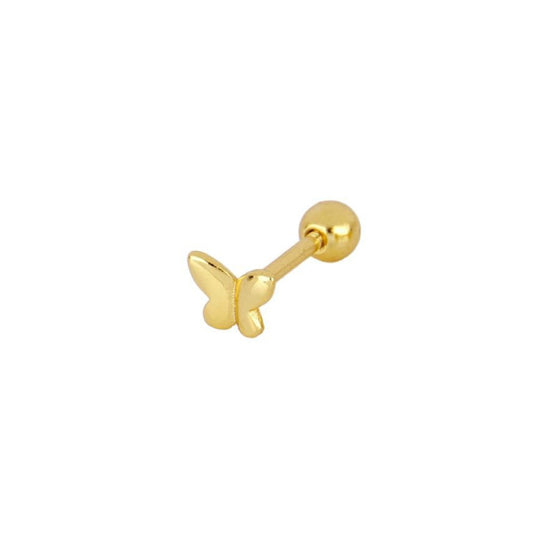 pendiente de piercing mariposa con cierre de bolita con rosca para que no se clave en el cartílago. Confeccionado en plata de ley con baño de oro 18 kilates. Antialérgico. Perfecto para helix y tragus. Gold plated sterling silver butterfly piercing earring
