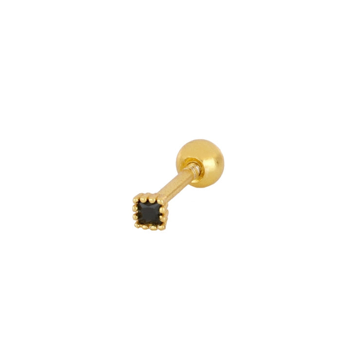 mini piercing pequeño de brillante cuadrado negro con cierre de bola de rosca. Anti alergico porque está confeccionado en plata de ley con baño de oro. Perfecto para helix, tragus, anti helix, daith, conch. Gold plated BLACK TINY SMALL ZIRCON anti allergic piercing earring