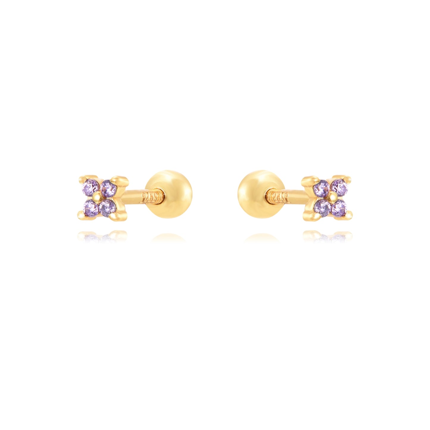 mini pendiente de piercing para cartílago anti alérgico. Está confeccionado en plata de ley con baño de oro 18 kilates y circonitas lila o morado formando una flor pequeña. Gold plated sterling silver flower lilac purple zircon piercing earring. Helix, tragus, anti helix.