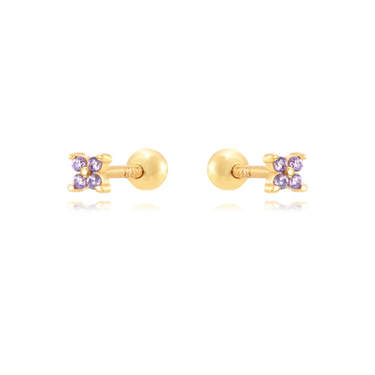 mini pendiente de piercing para cartílago anti alérgico. Está confeccionado en plata de ley con baño de oro 18 kilates y circonitas lila o morado formando una flor pequeña. Gold plated sterling silver flower lilac purple zircon piercing earring. Helix, tragus, anti helix.