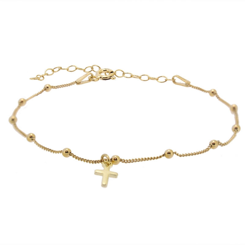 pulsera de cadena de bolitas y cruz confeccionada en plata de ley y bañada en oro 18 kilates