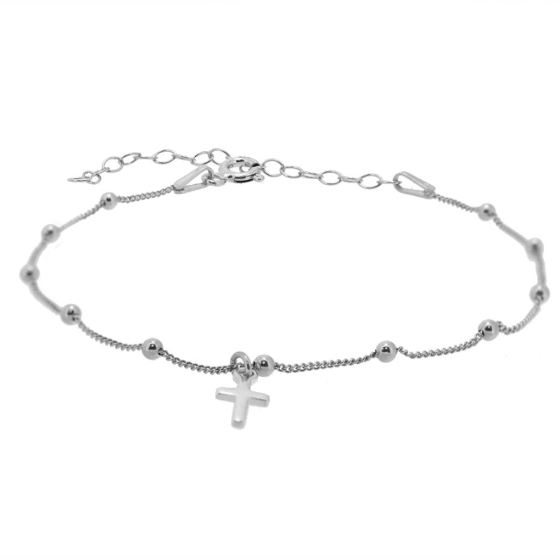 pulsera de cadena de bolitas y cruz confeccionada en plata de ley y bañada en oro 18 kilates