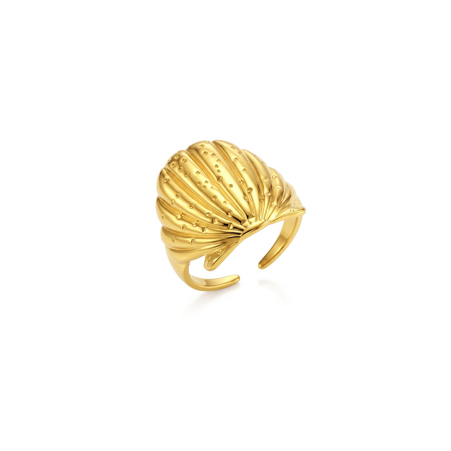 anillo ajustable para verano en forma de concha. Puedes elegirlo en dorado o plateado y es resistente al agua. está confeccionado en acero hipoalergénico e inoxidable. Gold plated stainless steel adjustable waterproof shell ring. talla única ajustable. 