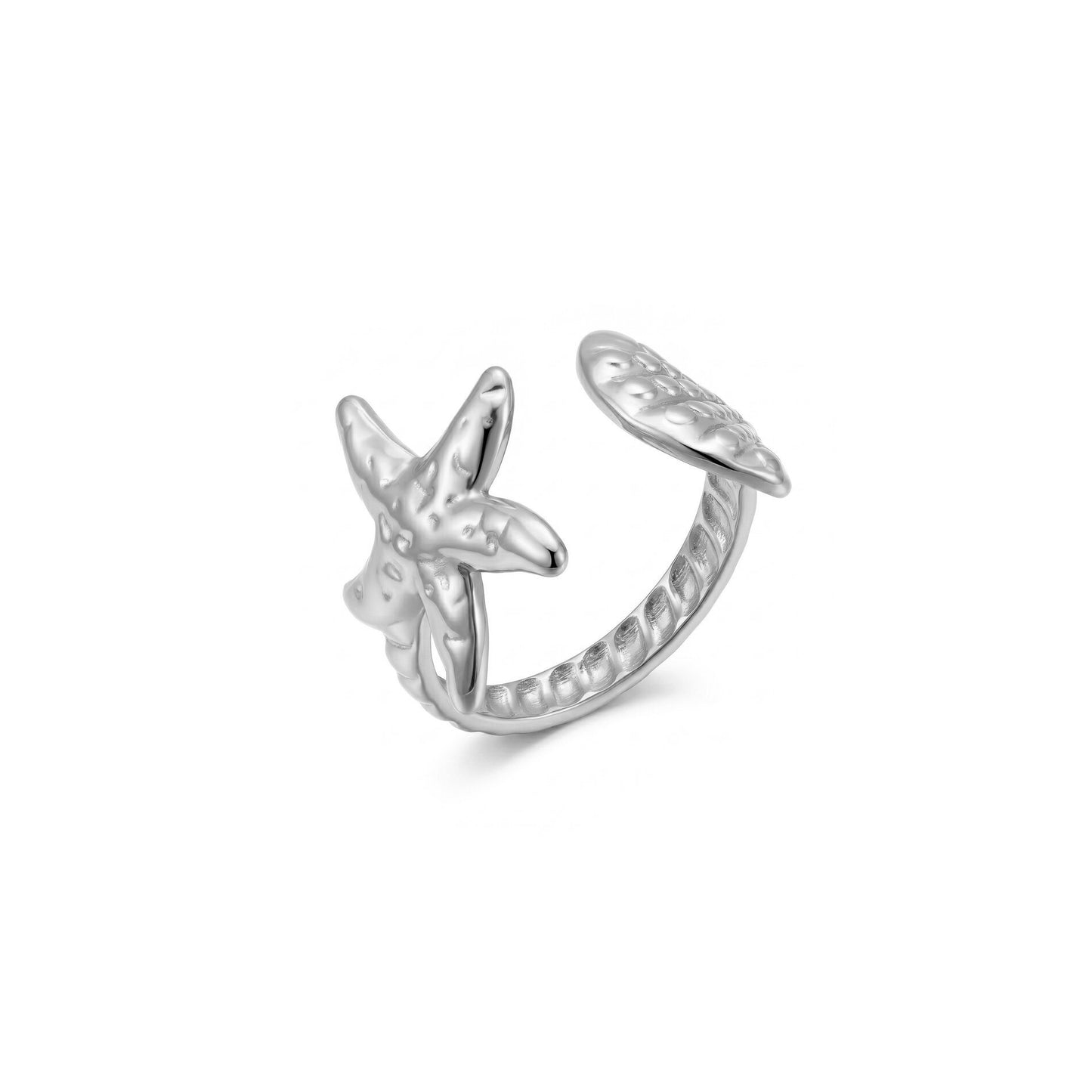 anillo ajustable para verano en forma de concha y estrella de mar. Puedes elegirlo en dorado o plateado y es resistente al agua. está confeccionado en acero hipoalergénico e inoxidable. Gold plated stainless steel adjustable waterproof satarfish and sea shell ring. talla única ajustable. 