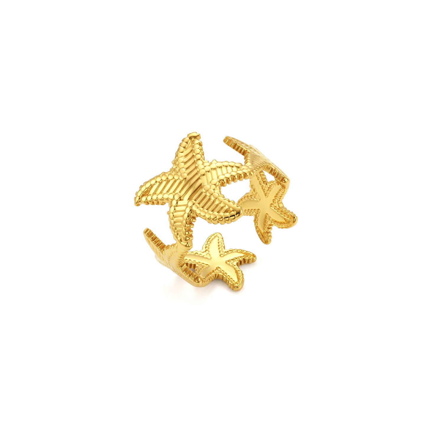 anillo ajustable para verano en forma de estrellas de mar. Puedes elegirlo en dorado o plateado y es resistente al agua. está confeccionado en acero hipoalergénico e inoxidable. Gold plated stainless steel adjustable waterproof satarfish ring. talla única ajustable. 
