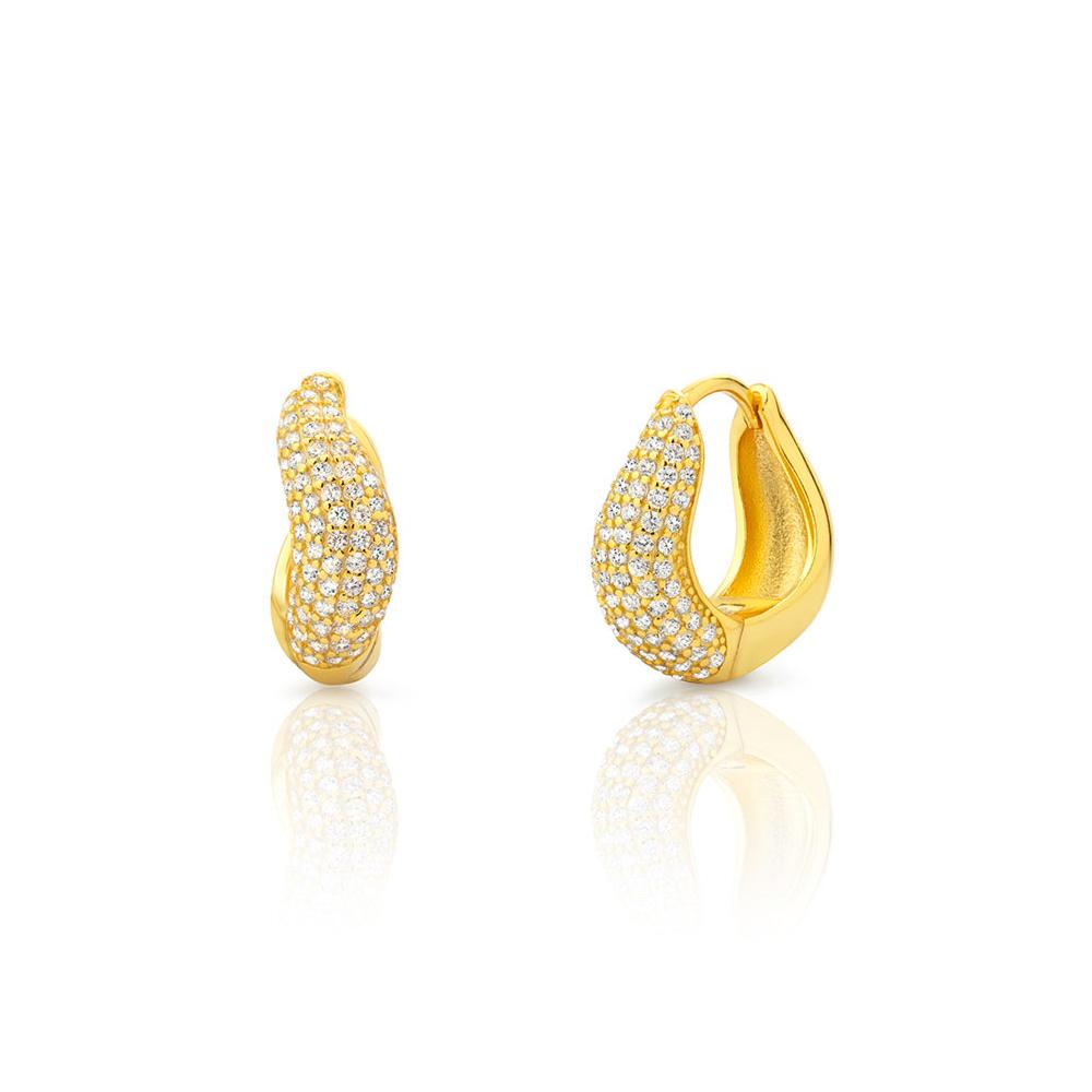 pendientes de aro grueso ondulado o con onda confeccionados en plata de ley con baño de oro 18 kilates y circonitas. gold plated sterling silver chunky wavy hoop zircon earrings