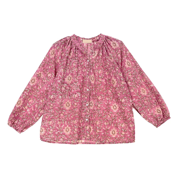 camisa étnica o blusa de algodón estampada flores para verano. tiene print de flores rosa buganvilla. pink buganvilia flower print cotton blouse