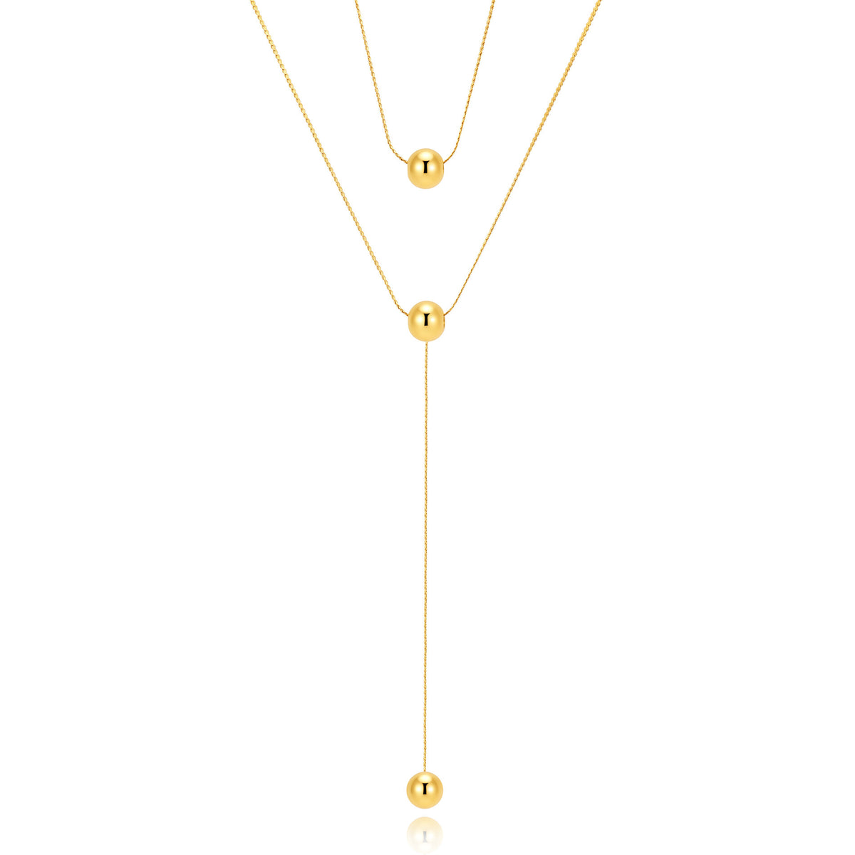 collar largo boho para adolescente o mujer joven que lleve escote en v o escote pronunciado. es de cadena larga con bolas colgantes. ideal para looks de noche o de fiesta. Es de acero hipoalergénico dorado o plateado y resistente al agua