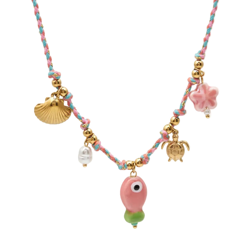 COLLAR para verano de CORDÓN rosa y verde con acero hipoalergénico y waterproof dorado. Los abalorios son concha, tortuga, perla y pez.