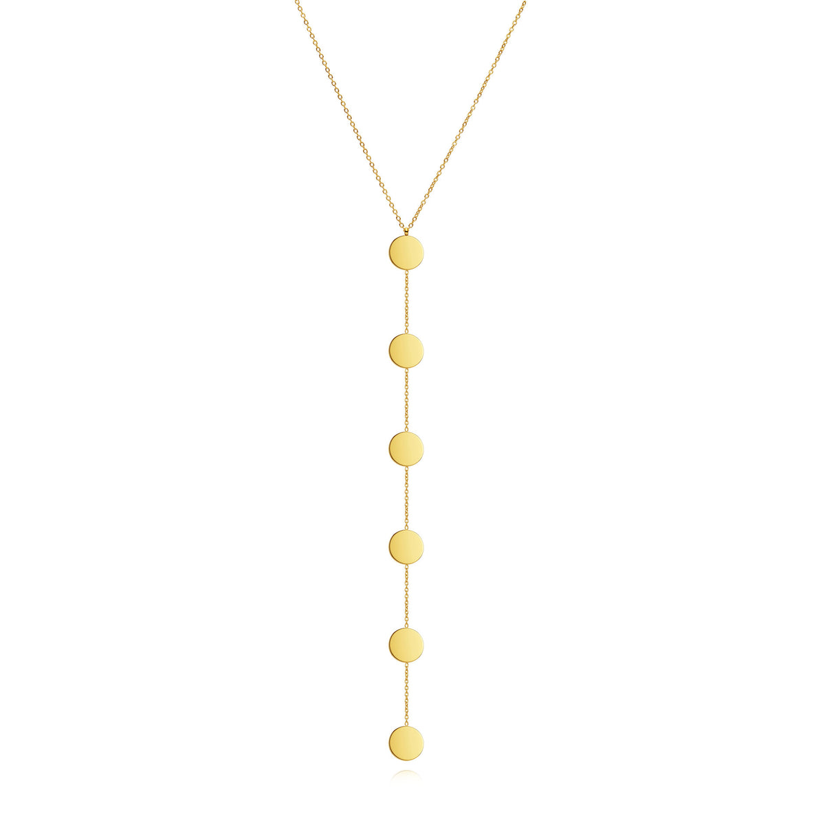 collar largo boho para adolescente o chica joven que lleve escote en v o escote pronunciado. es de cadena larga con círculos. ideal para looks de noche o de fiesta. Es de acero hipoalergénico dorado o plateado y resistente al agua