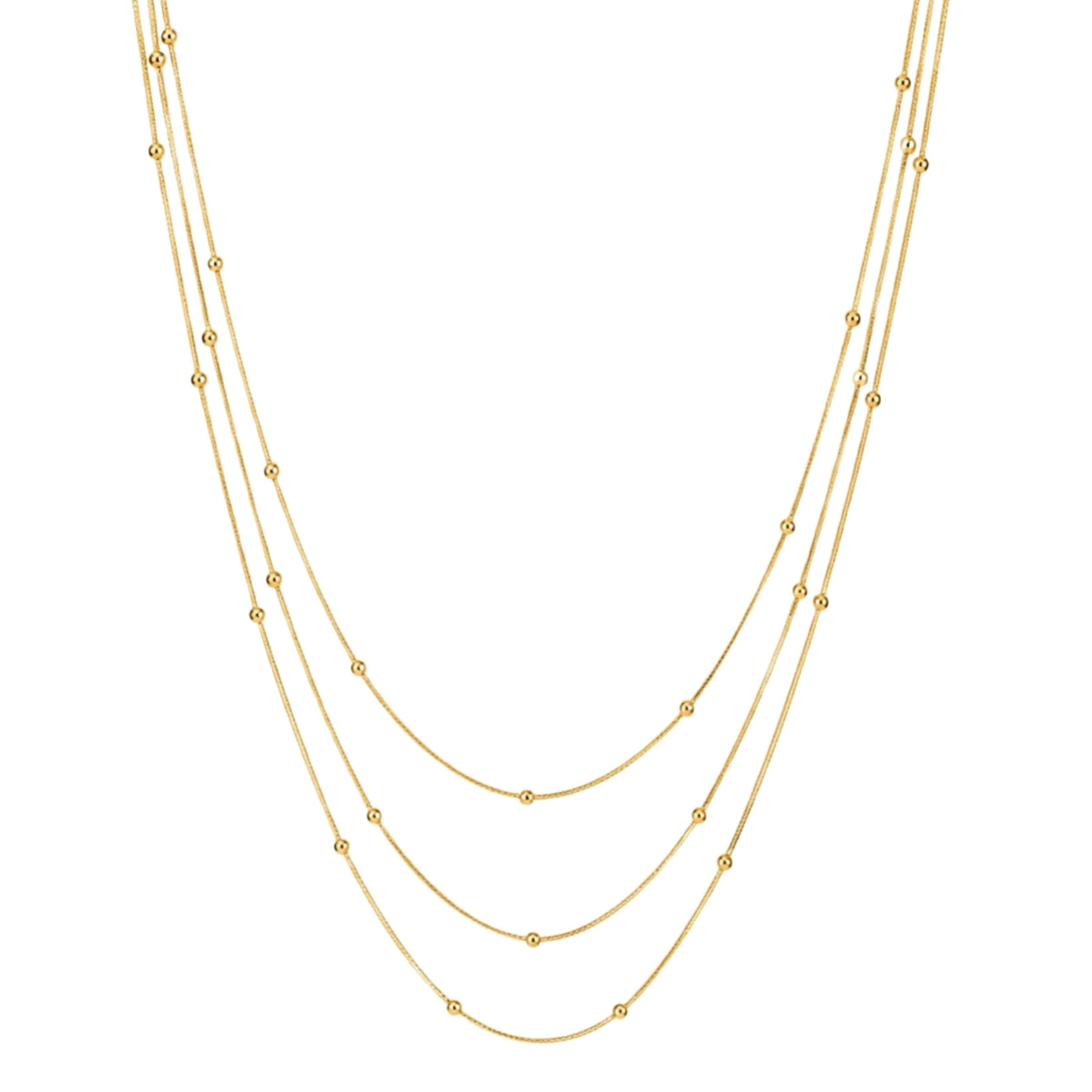 collar triple boho para adolescente o mujer joven que lleve escote palabra de honor, escote en v o escote pronunciado. es de 3 cadenas con bolitas. ideal para looks de noche o de fiesta. Es de acero hipoalergénico dorado o plateado y resistente al agua
