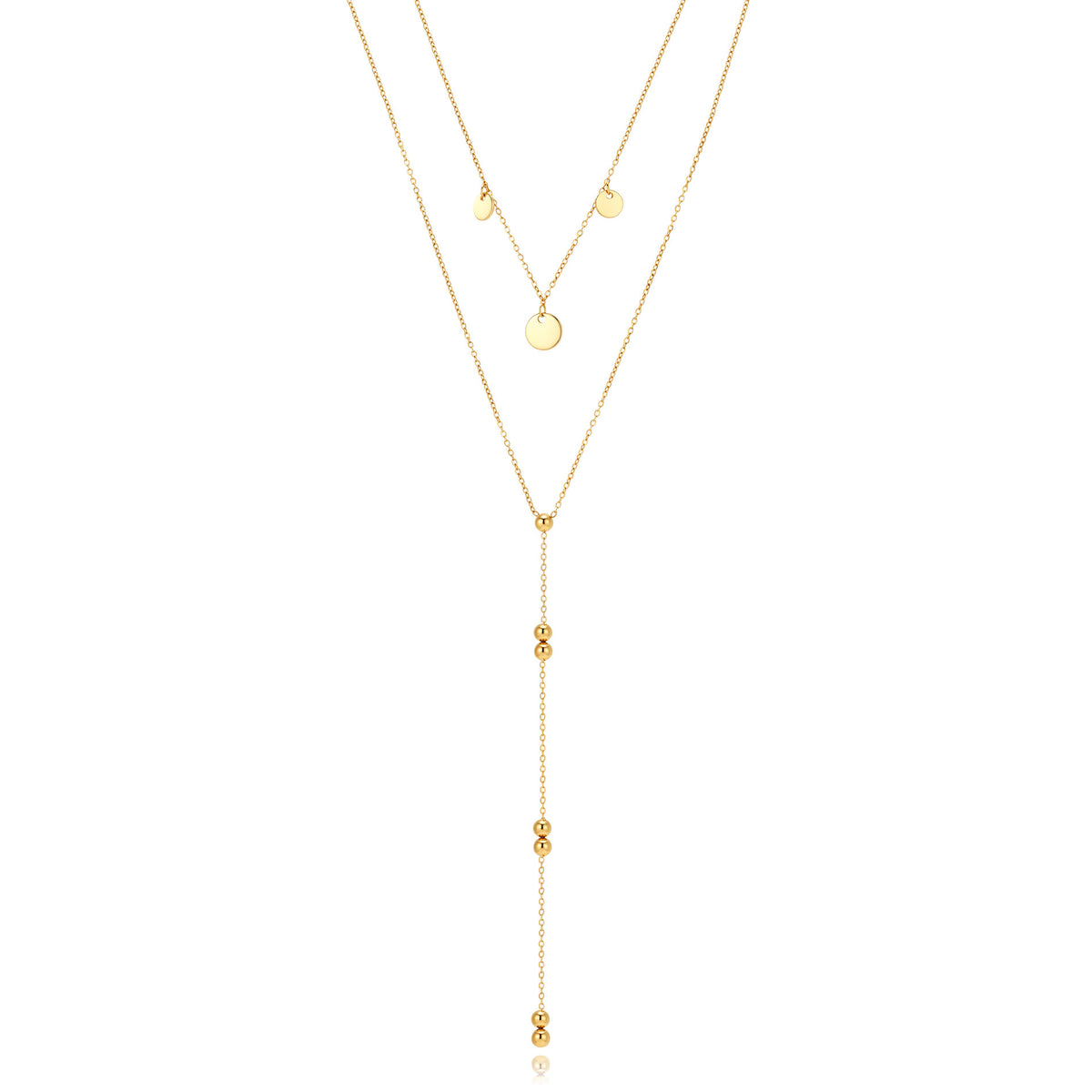 collar largo boho para adolescente o mujer joven que lleve escote palabra de honor, escote en v o escote pronunciado. es de cadena larga con bolas y chapitas colgantes. ideal para looks de noche o de fiesta. Es de acero hipoalergénico dorado o plateado y resistente al agua