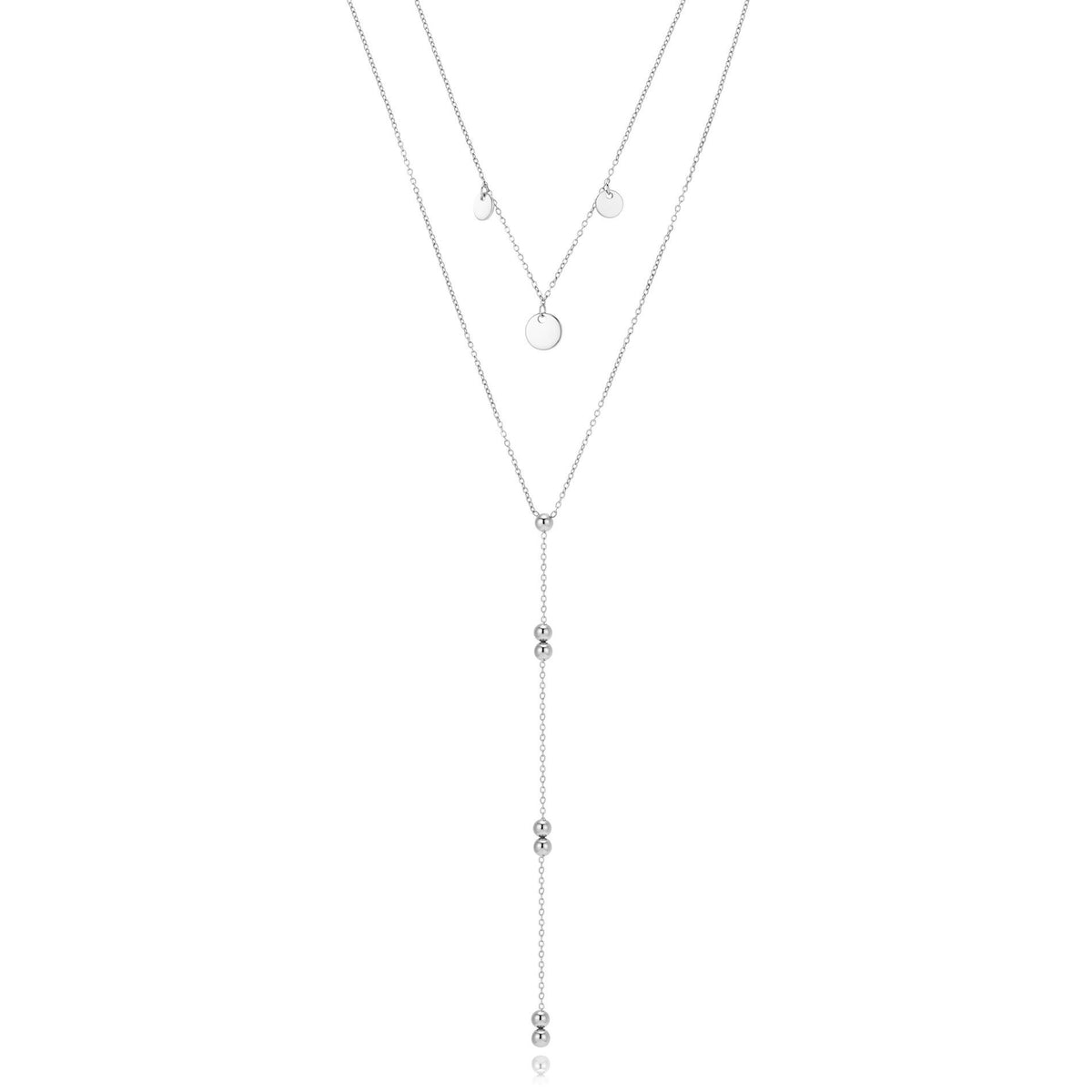 collar largo boho para adolescente o mujer joven que lleve escote palabra de honor, escote en v o escote pronunciado. es de cadena larga con bolas y chapitas colgantes. ideal para looks de noche o de fiesta. Es de acero hipoalergénico dorado o plateado y resistente al agua