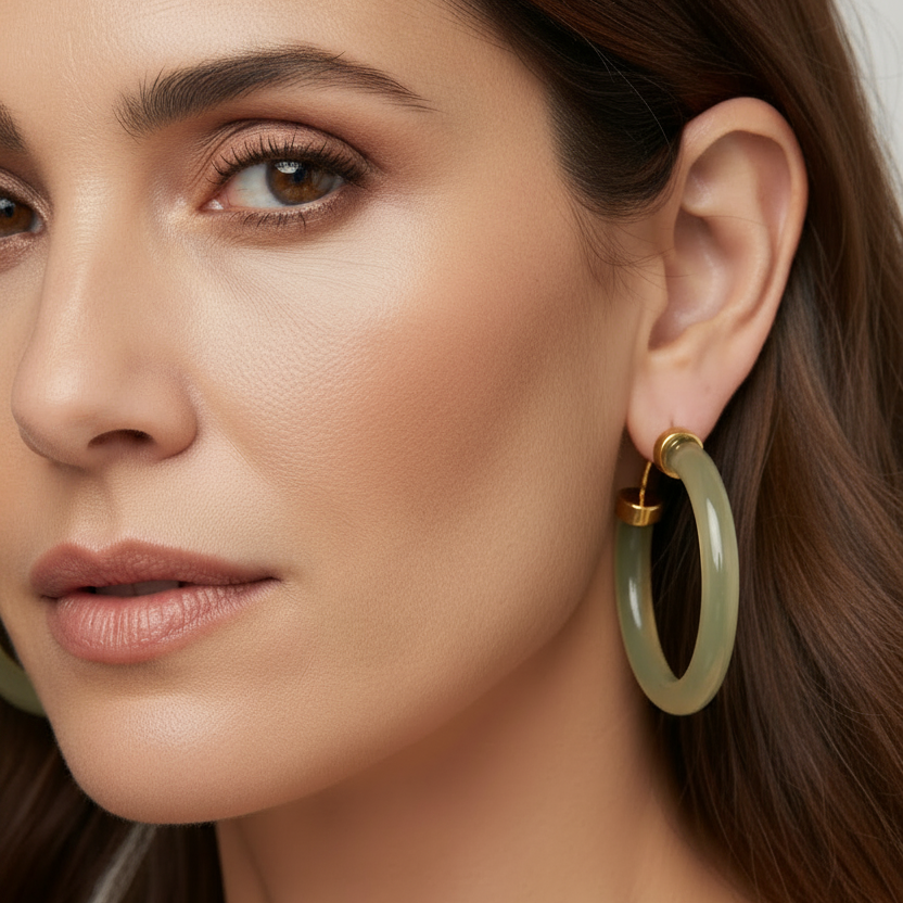 Pendientes de aro criolla grandes y gruesos en resina verde oliva o khaki y acero hipoalergénico dorado. Gold plated sterling silver big hoop green and stainless steel hipoallergenic earrings