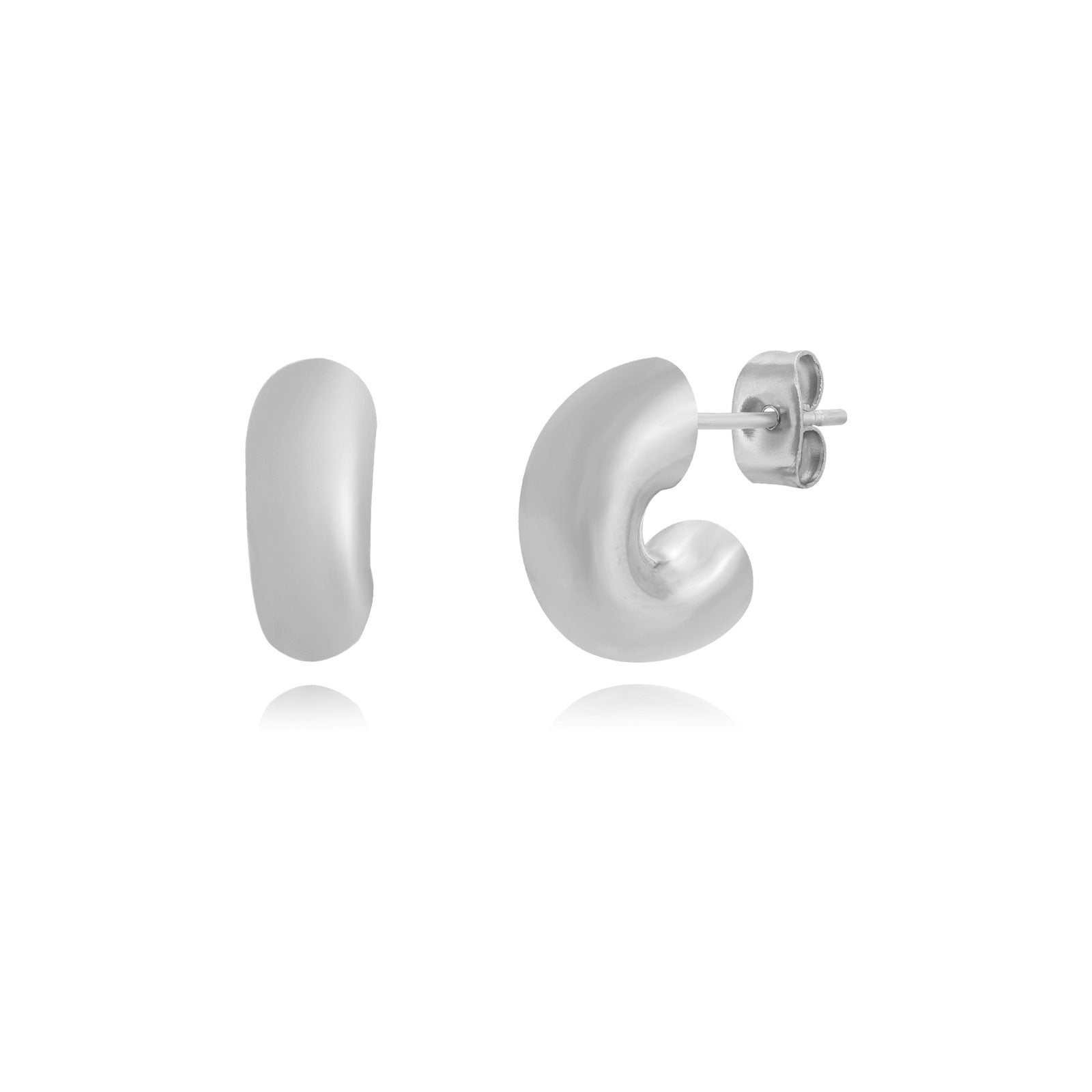 pendientes plateados tipo aro criolla gruesos. Son de acero quirurgico e hipoalergénico, resistentes al agua. 