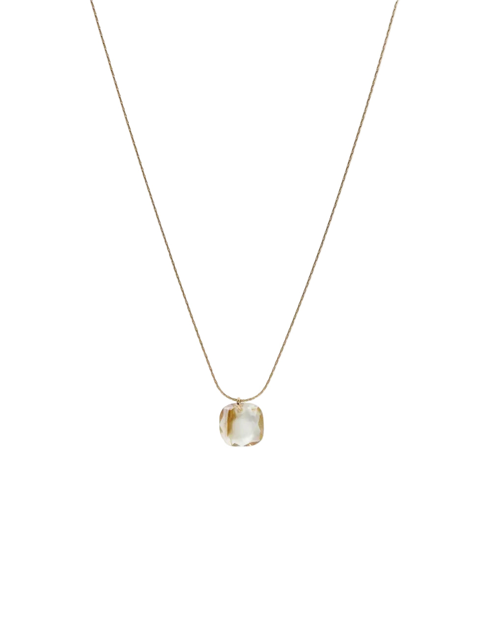 cadena o collar boho con colgante de piedra natural cuarzo rutilado hecho de acero hipoalergénico y resistente al agua. Es color oro. Gold plated stainless steel waterproof mineral pendant necklace