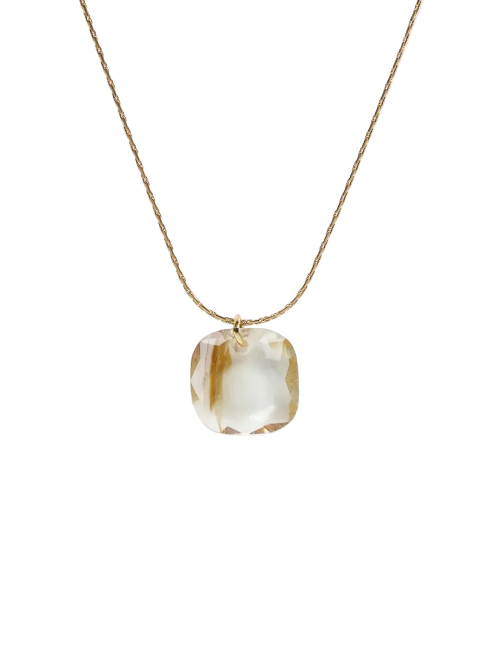cadena o collar boho con colgante de piedra natural cuarzo rutilado hecho de acero hipoalergénico y resistente al agua. Es color oro. Gold plated stainless steel waterproof mineral pendant necklace