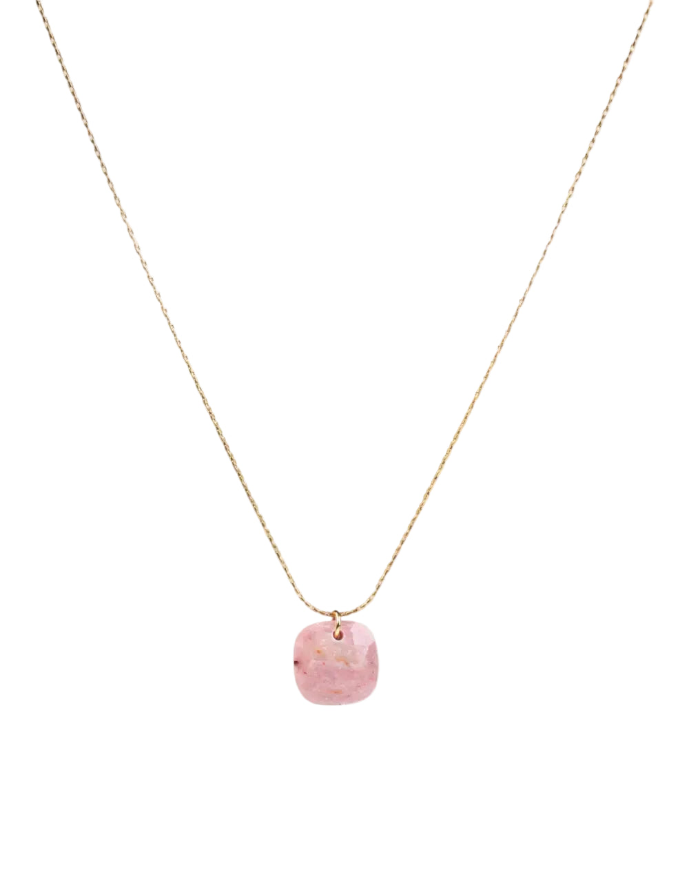 cadena o collar boho con colgante de piedra natural rodocrosita rosa hecho de acero hipoalergénico y resistente al agua. Es color oro. Gold plated stainless steel waterproof mineral pendant necklace