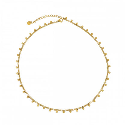gargantilla boho dorada con bolitas en acero inoxidsable hipoalergénico resistentente al agua. Gold plated stainless steel waterproof necklace