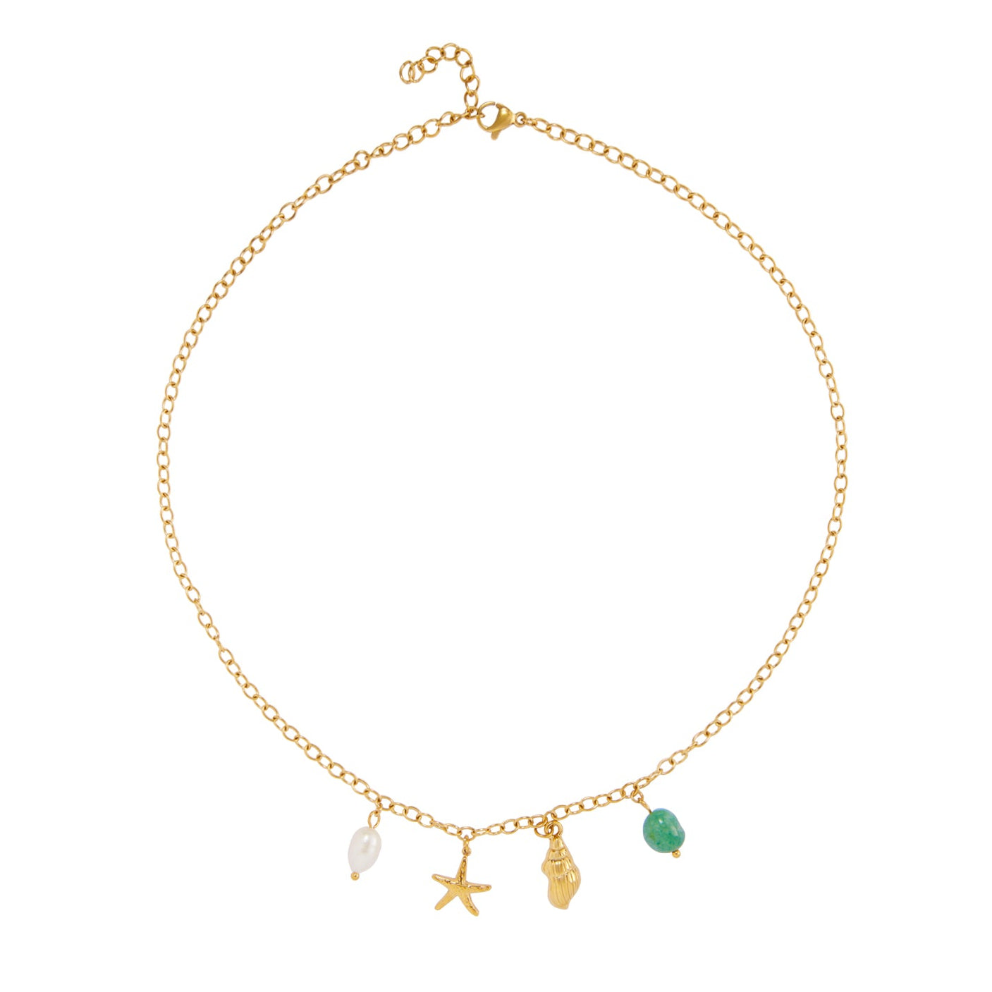 COLLAR waterproof o resistente al agua confeccionado en acero con baño de oro 18 kilates. Tiene abalorios de colores imitando piedra natural turquesa y perla cultivada. también tiene colgantes de estrella de mar y una concha o caracola.
