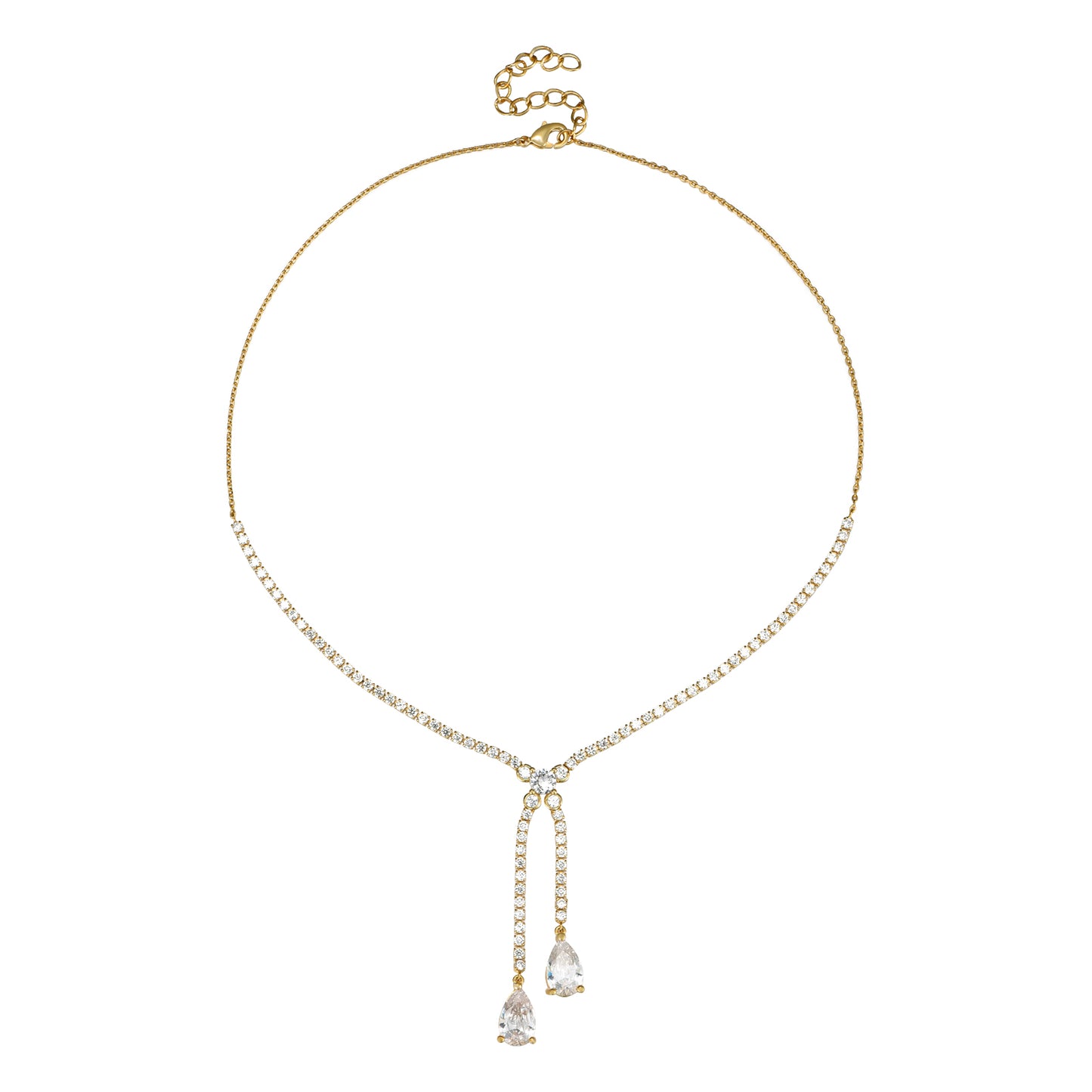 gargantilla o collar con cadena tenis de circontias y dos lagrimas brillante. Es de bronce con baño de oro 18 kilates. Gold plated bronze tenis necklace with pear shaped diamond drop