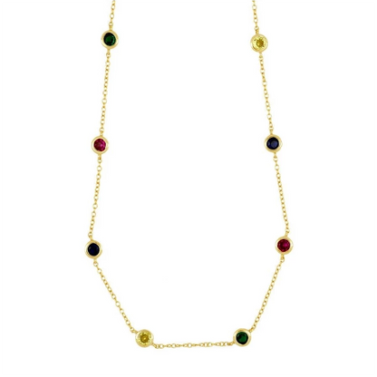 gargantilla de plata de ley con circonitas en círculo multicolor tipo punto de luz. Acabados en plata rodiada y baño de oro 18 kilates. Hipoalergénica. 