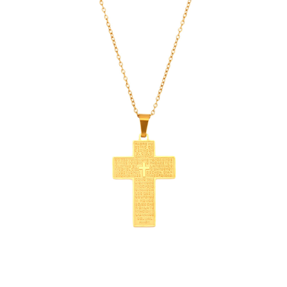 Collar con colgante de cruz ancha e inscripción del padre nuestro. Es de acero quirúrgico hipoalergénico y resistente al agua. Acabados en acero y dorado. Ideal para regalo