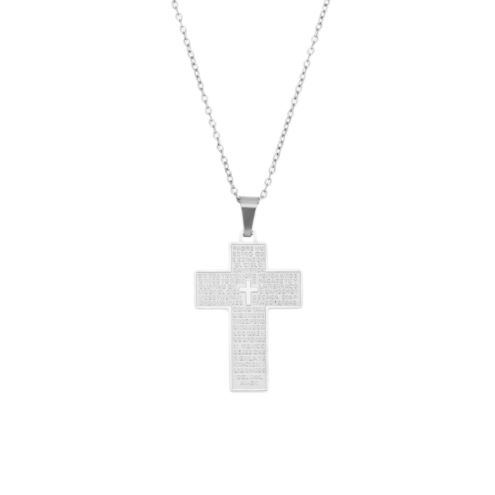 Collar con colgante de cruz ancha e inscripción del padre nuestro. Es de acero quirúrgico hipoalergénico y resistente al agua. Acabados en acero y dorado. Ideal para regalo