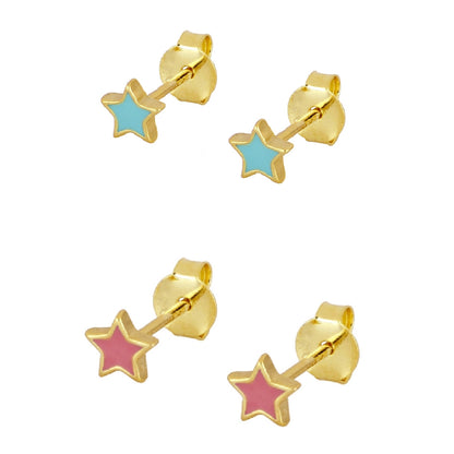 pendientes de verano con forma de estrella para niña en plata con baño de oro y esmalte azul turquesa o rosa. Son el regalo perfecto para niña de comunión. Gold plated sterling silver blue pink star piercing earrings