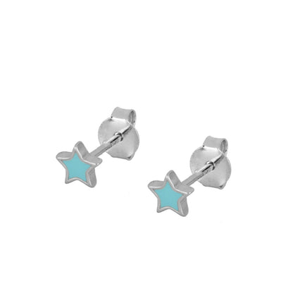 pendientes de verano con forma de estrella para niña en plata con baño de oro y esmalte azul turquesa o rosa. Son el regalo perfecto para niña de comunión. Gold plated sterling silver blue pink star piercing earrings