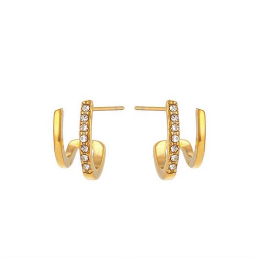 aro pequeño ovalado en acero hipoalergenico con baño de oro y circonitas. Gold plated stainless steel small oval hoop zircon earrings