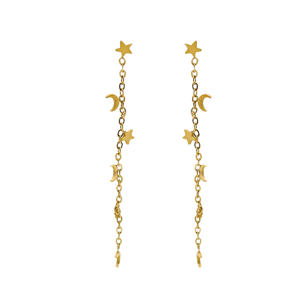 pendientes largos de cadena para mujer, niña y adolescente. No pesan nada. Son de cadena larga con estrellas y lunas colgantes en acero hipoalergénico resistente al agua. Gold plated stainless steel long heart pendant earrings