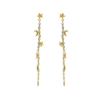 pendientes largos de cadena para mujer, niña y adolescente. No pesan nada. Son de cadena larga con estrellas y lunas colgantes en acero hipoalergénico resistente al agua. Gold plated stainless steel long heart pendant earrings