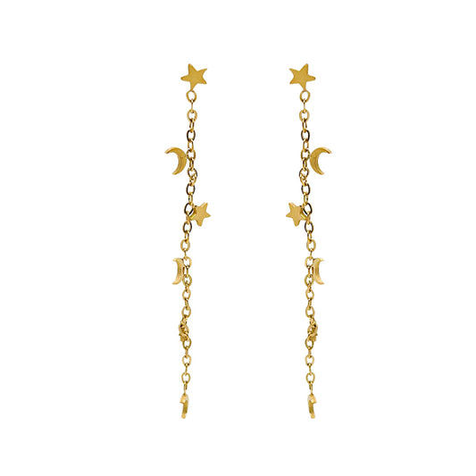 pendientes largos de cadena para mujer, niña y adolescente. No pesan nada. Son de cadena larga con estrellas y lunas colgantes en acero hipoalergénico resistente al agua. Gold plated stainless steel long heart pendant earrings