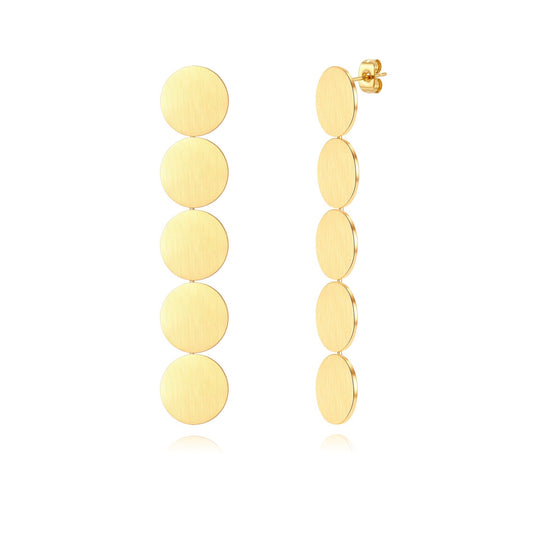 pendientes de fiesta largos con círculos en cadena, perfectos para una invitada a boda o evento. No pesan y son perfectos para lóbulo rasgado. Son hipoalergénicos y resistentes al agua. están en acabado plateado y dorado