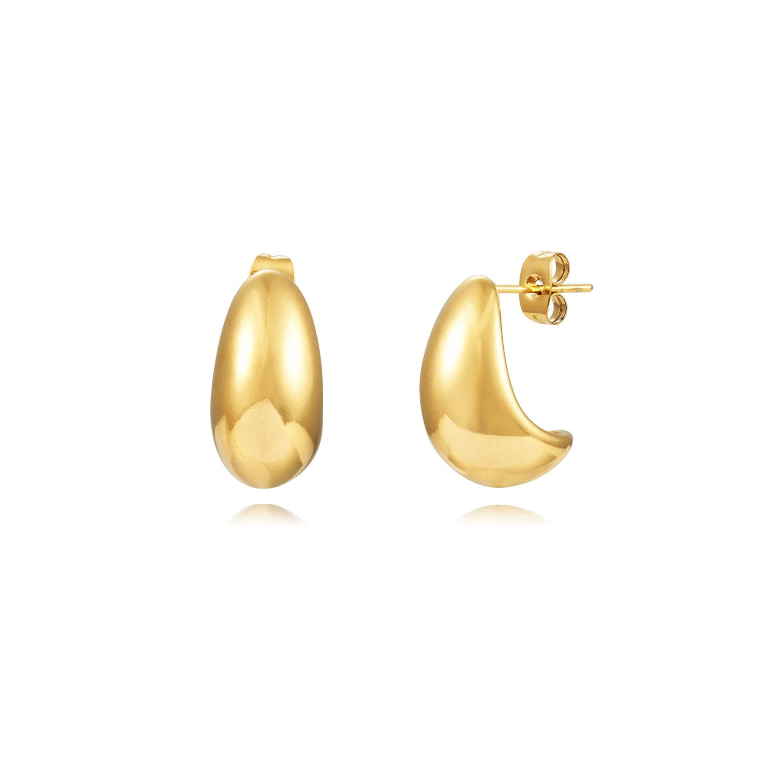 pendientes dorados tipo aro criolla gruesos. Son de acero quirurgico e hipoalergénico, resistentes al agua. 